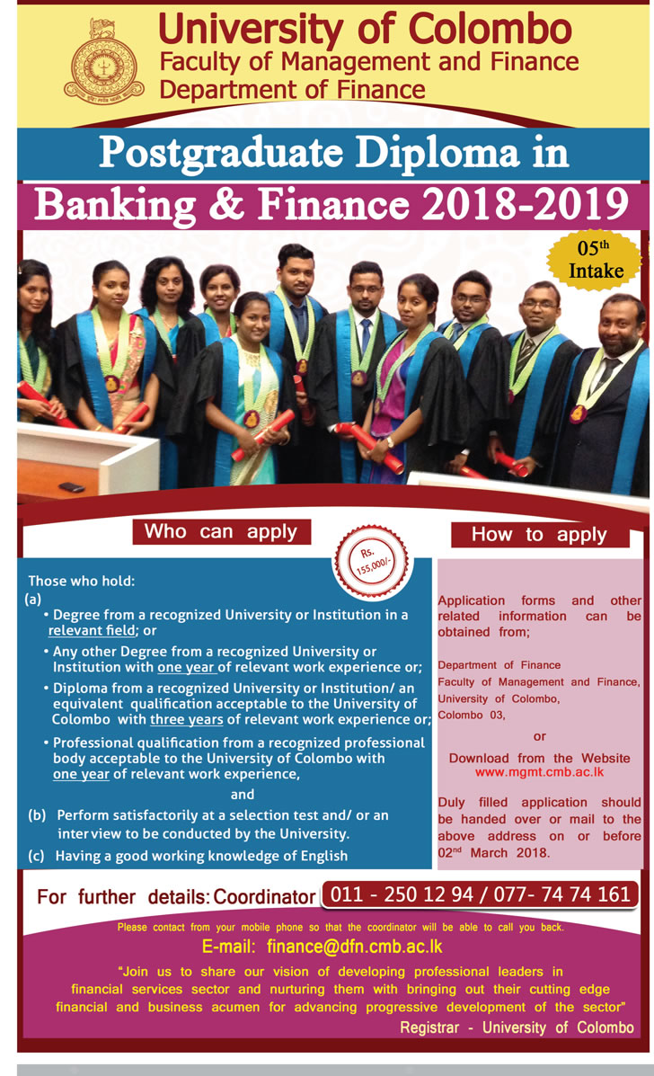 Postgraduate Diploma in Banking & Finance (2018/2019) - Faculty of Management & Finance - University of Colombo